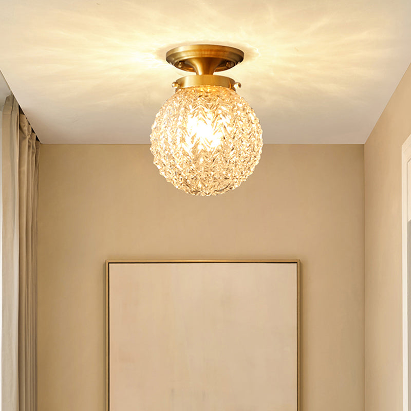 Farm Style Brass Flush Mount Foyer Ceiling Light With Carved Glass Sphere
