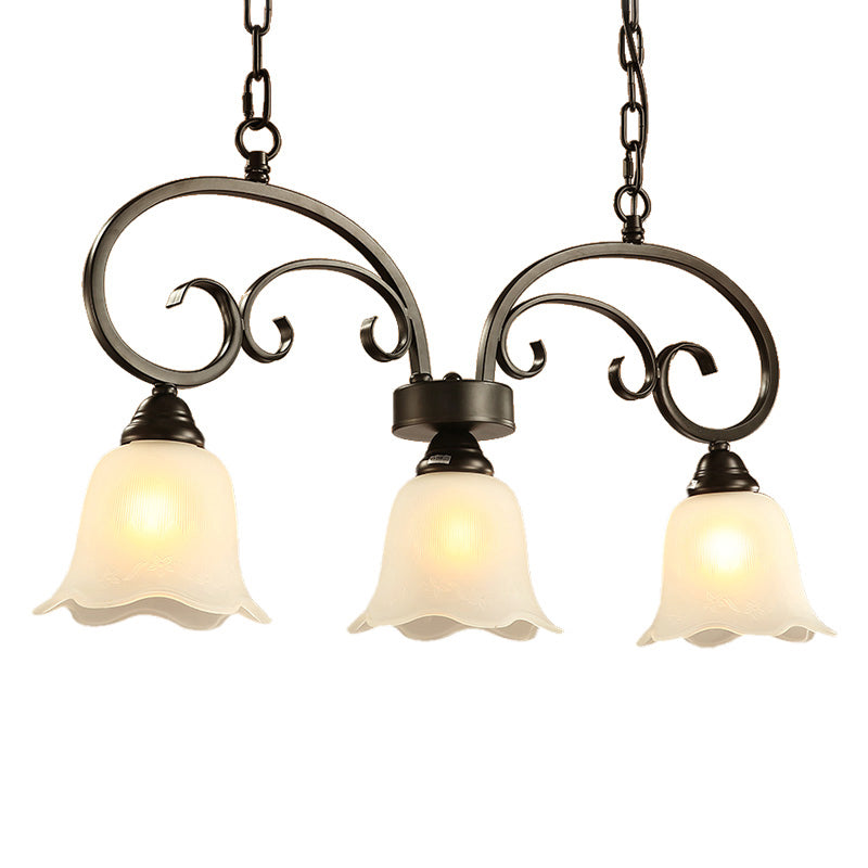Rustic Black Floral Swirls Pendant Island Lamp - 3 Lights Frosted White Glass Perfect For