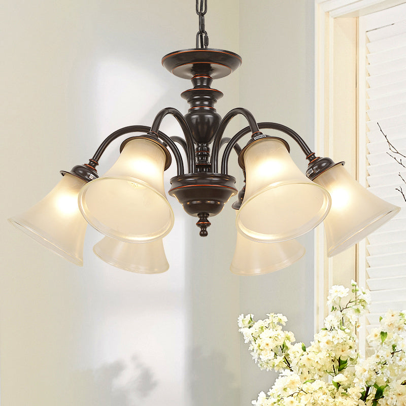 Country Flare Chandelier Light With Frosted Glass - Black Ceiling Mount