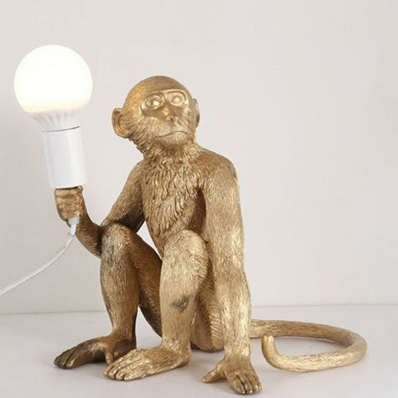 Art Deco Monkey Statuette Night Light: Resin Table Lamp With Bare Bulb For Bedroom Gold