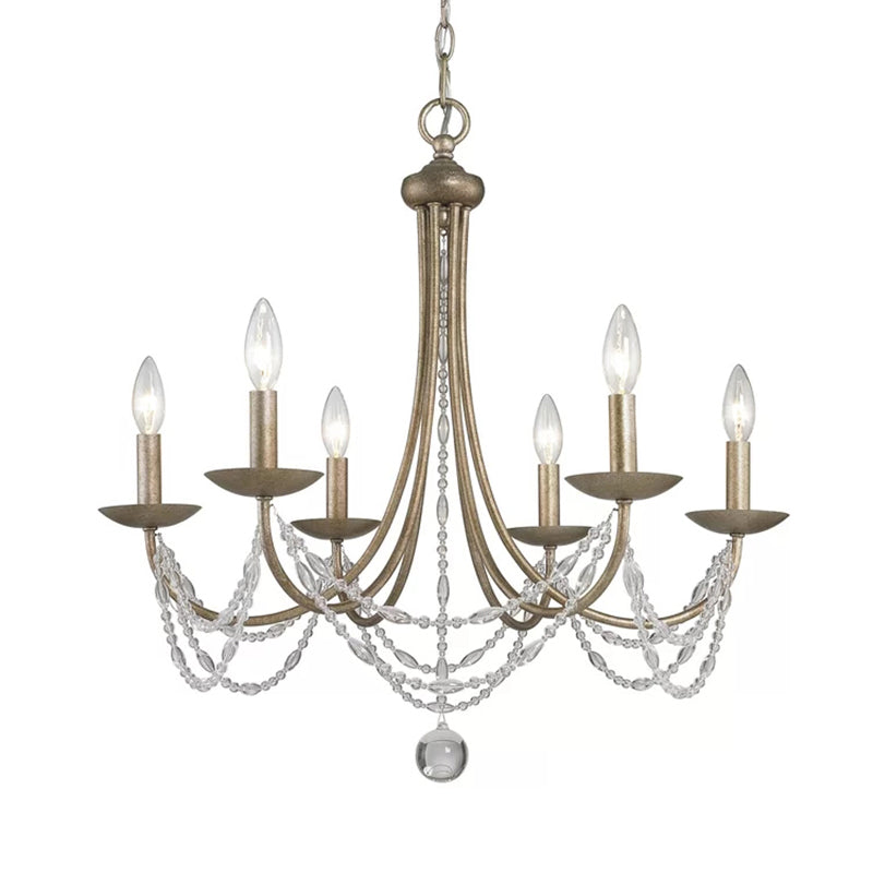 Countryside Bedroom Chandelier: Candle Style Metal Suspension Lighting With Crystal Deco 6-Light
