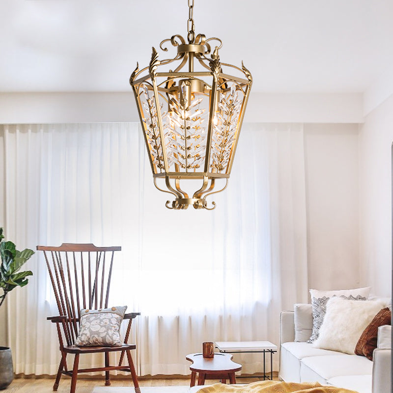 Hexagonal Pendant Chandelier: 3-Light Rustic Antiqued Gold Crystal Lighting For Living Room