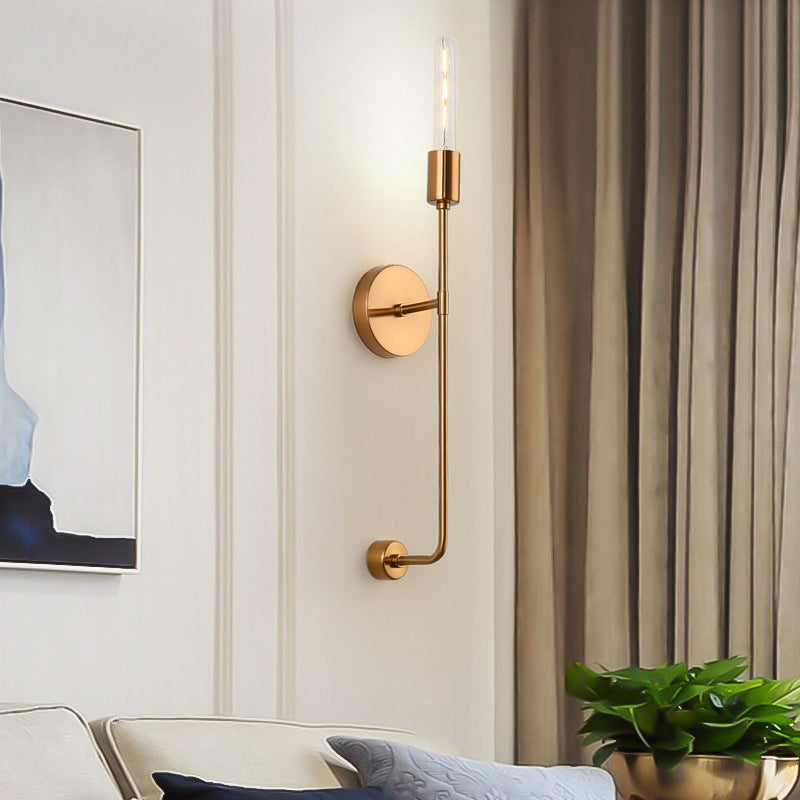 Retro Gold Wall Sconce With Linear Arm And Bare Bulb For Living Room