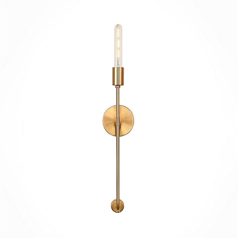 Retro Gold Wall Sconce With Linear Arm And Bare Bulb For Living Room