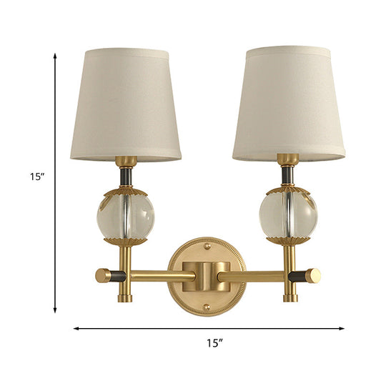 Traditional White Fabric Wall Sconce With Gold Conical Mount Crystal Ball Accent - 1/2 Heads Entry