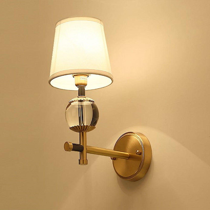 Traditional White Fabric Wall Sconce With Gold Conical Mount Crystal Ball Accent - 1/2 Heads Entry