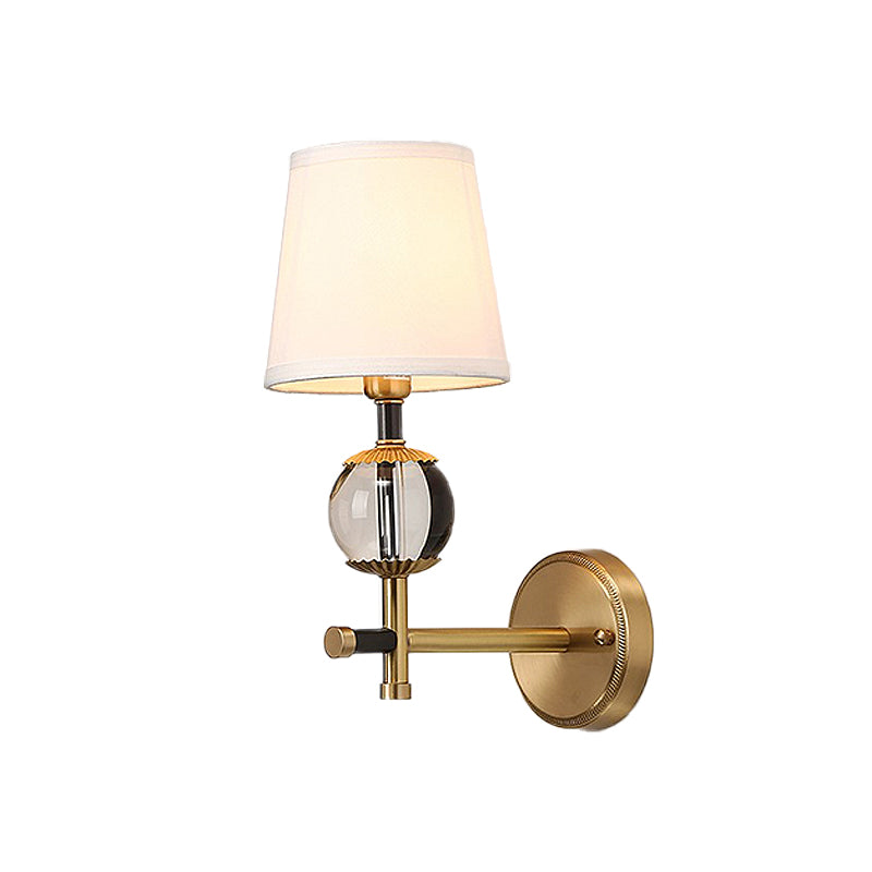 Traditional White Fabric Wall Sconce With Gold Conical Mount Crystal Ball Accent - 1/2 Heads Entry