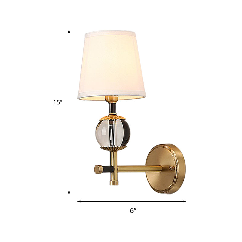 Traditional White Fabric Wall Sconce With Gold Conical Mount Crystal Ball Accent - 1/2 Heads Entry