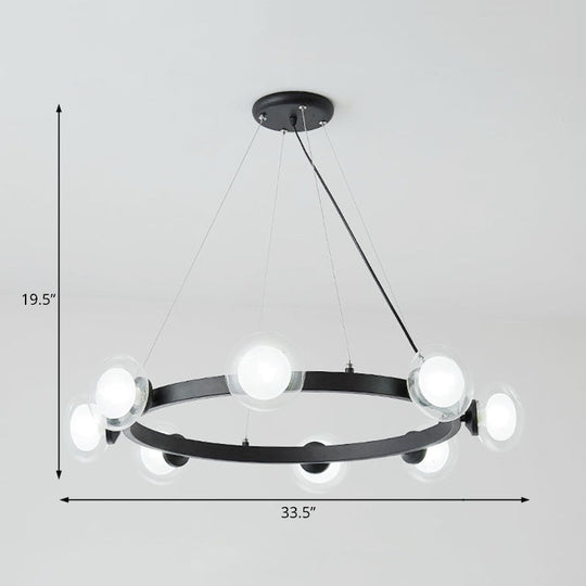 Contemporary Clear Glass Chandelier With Circle Ring Design - Led Lights Black Finish