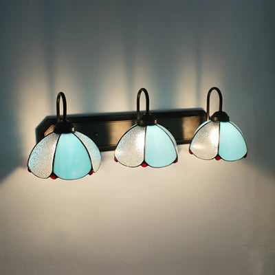 Blue & Beige Glass Sconce Light With 3 Heads - Tiffany Petal Wall Mount For Bedroom In Black