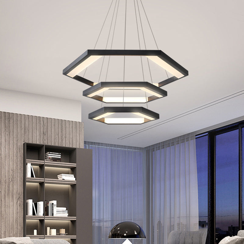 Modernist Hexagon Acrylic Chandelier - Black Led Ceiling Light With White/Warm 1/2/3 Lights