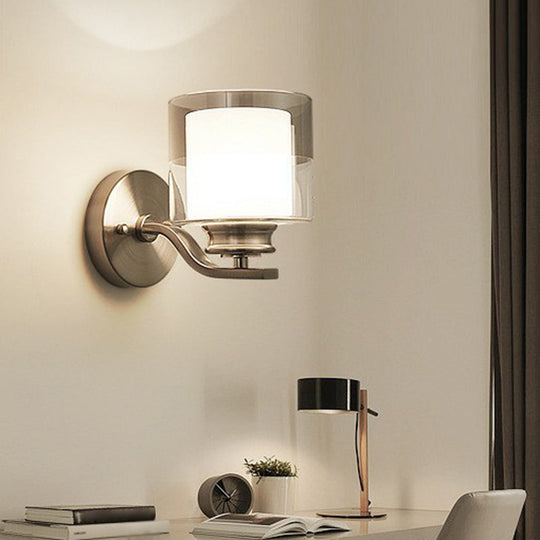 Minimalistic Dual Glass White Wall Sconce For Bedroom - Cylindrical 1 Head Mount Lamp