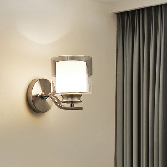 Minimalistic Dual Glass White Wall Sconce For Bedroom - Cylindrical 1 Head Mount Lamp