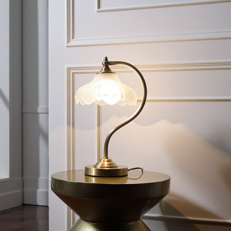 Elegant Brass Gooseneck Nightstand Lamp With Floral Frosted Glass Shade