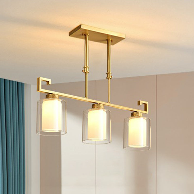 Traditional Brass 3-Light Island Lamp With Clear And Frosted Glass Cylindrical Suspension