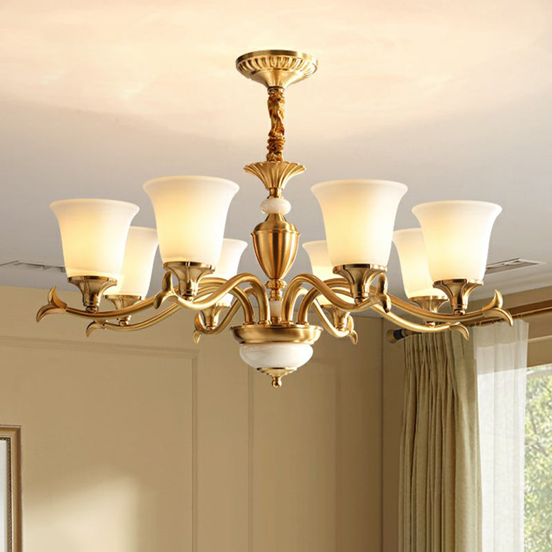 Traditional Style Cream Glass Chandelier: Flared Shaped Brass Suspension Light For Dining Room