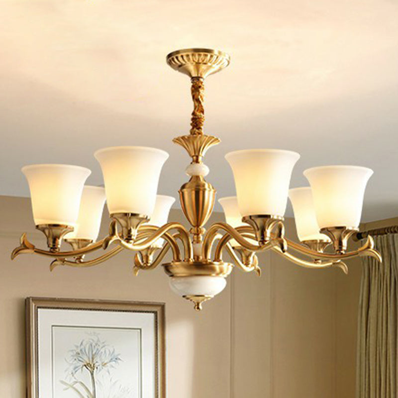 Traditional Style Cream Glass Chandelier: Flared Shaped Brass Suspension Light For Dining Room