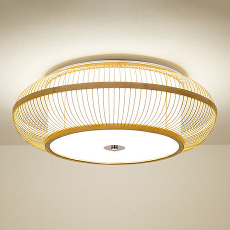 Minimalistic Round Bamboo Flushmount Ceiling Light - Single-Head Aisle Fixture With Natural Wood
