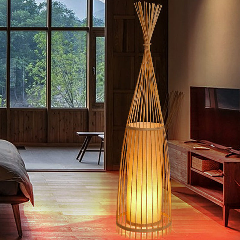 Bamboo Floor Lamp From South-East Asia With Tapered Design And Cylindrical Shade