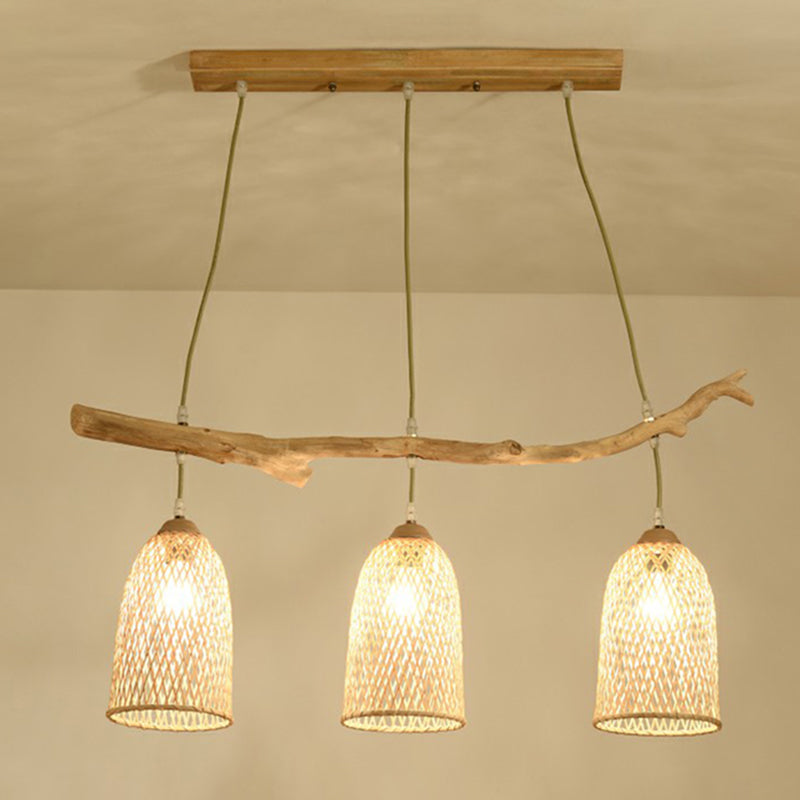 Lodge Style Wood Pendant Light With Bamboo Shade - 3-Bulb Island Lamp For Restaurants