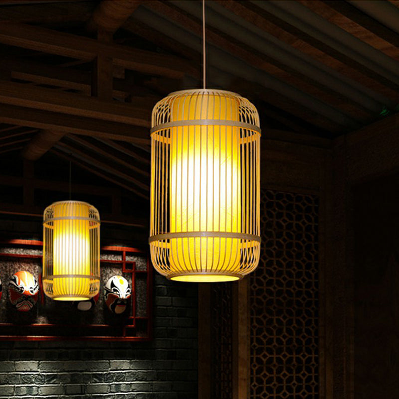 Bamboo Pendant Light with Modern Cage Shade for Balcony - Wood Suspension Lighting with 1 Bulb