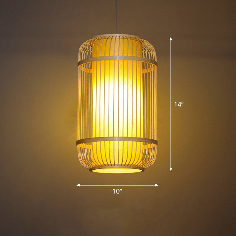 Bamboo Cage Suspension Pendant Light - Modern Wood Shade Perfect For Balcony / Cylinder