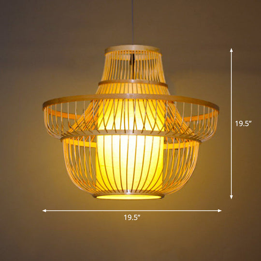 Bamboo Pendant Light with Modern Cage Shade for Balcony - Wood Suspension Lighting with 1 Bulb