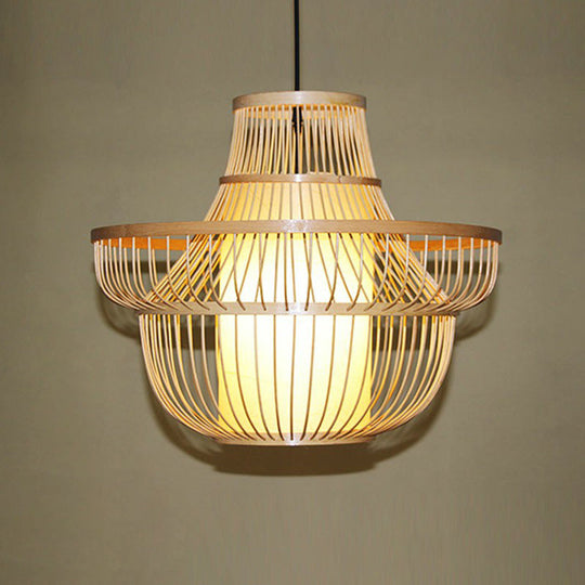 Bamboo Cage Suspension Pendant Light - Modern Wood Shade Perfect For Balcony