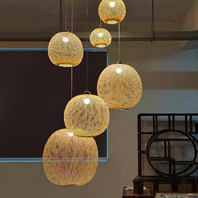 Spherical Bamboo Pendant Light - Beige | Single Asia-Inspired Hanging Fixture For Restaurants