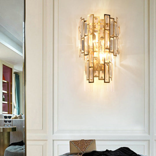 Postmodern Gold Sconce With Crystal Rectangle Shade - 2 Bulbs Living Room Wall Lamp