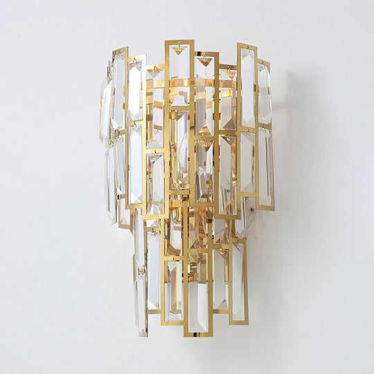 Postmodern Gold Sconce With Crystal Rectangle Shade - 2 Bulbs Living Room Wall Lamp