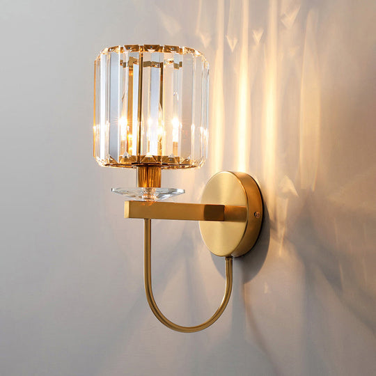 Postmodern Gold Cylindrical Crystal Wall Sconce With Curved Arm