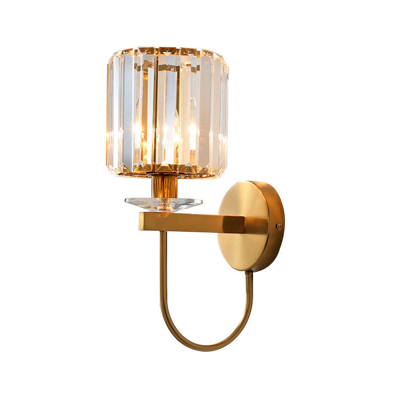 Postmodern Gold Cylindrical Crystal Wall Sconce With Curved Arm