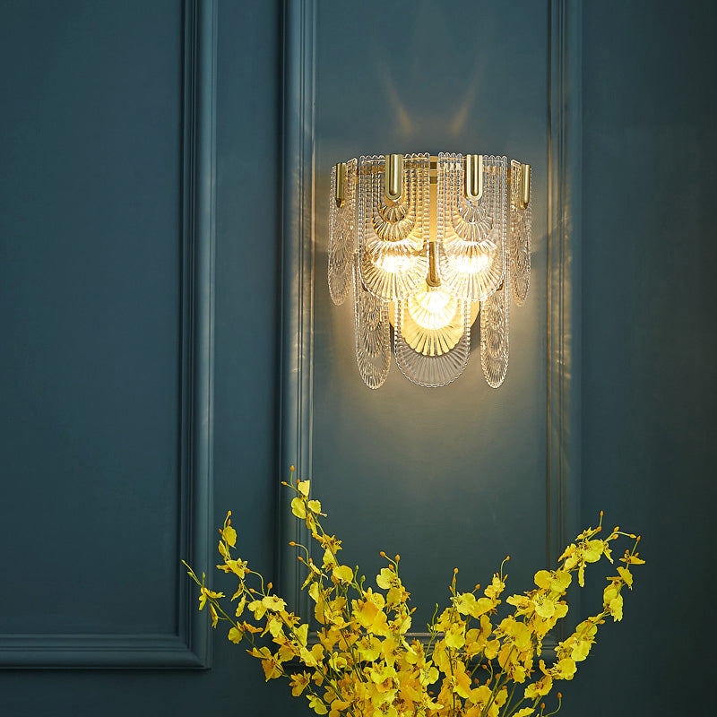 Modern Carved Glass 3-Light Gold Wall Sconce: 2-Layer Wall-Mounted Lamp For Living Room