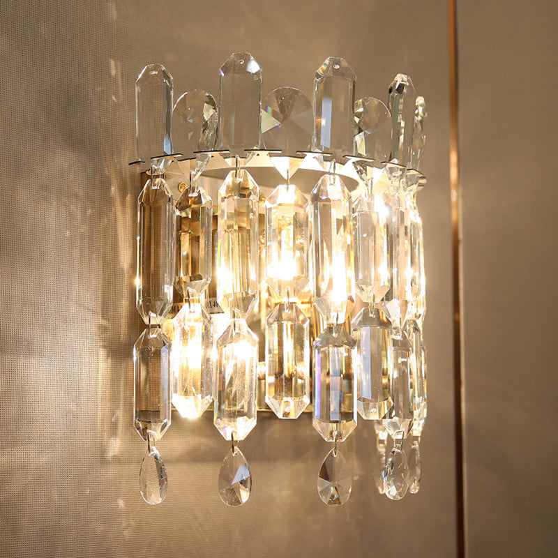 Crystal Rod Wall Sconce With Minimalist Crown Design - 2 Bulb Bedroom Light Fixture