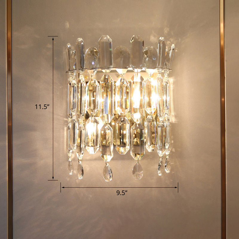 Crystal Rod Wall Sconce With Minimalist Crown Design - 2 Bulb Bedroom Light Fixture Clear