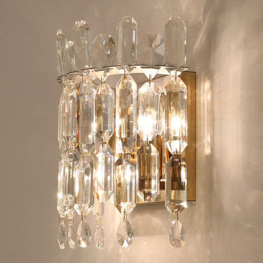 Crystal Rod Wall Sconce With Minimalist Crown Design - 2 Bulb Bedroom Light Fixture