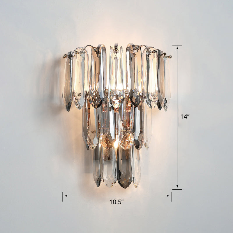 Simplicity 3-Head Wall Mount Sconce Light For Hallway - Clear And Smoke Crystal Tiers
