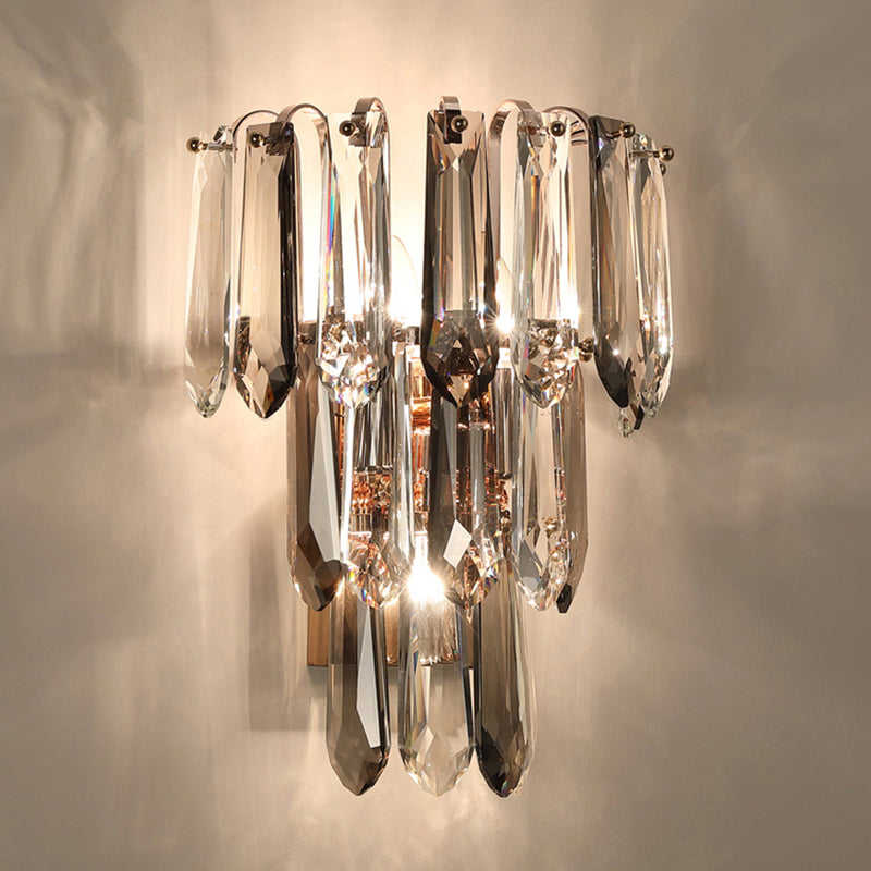 Simplicity 3-Head Wall Mount Sconce Light For Hallway - Clear And Smoke Crystal Tiers