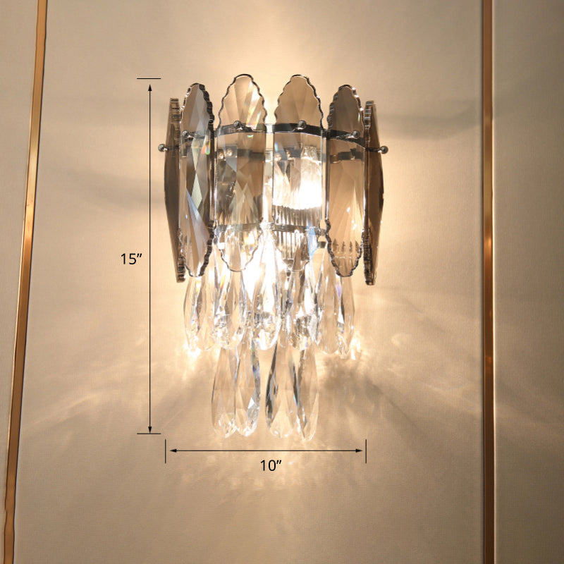 Modern Crystal Droplet Foyer Sconce Light - Layered Wall Lighting Fixture 2 Heads Smoke Gray