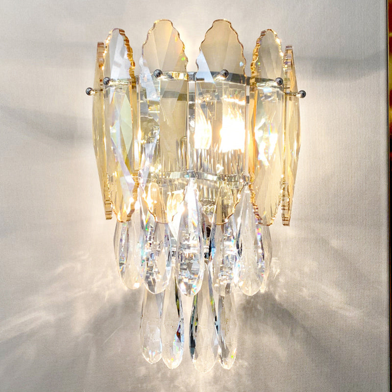 Modern Crystal Droplet Foyer Sconce Light - Layered Wall Lighting Fixture 2 Heads