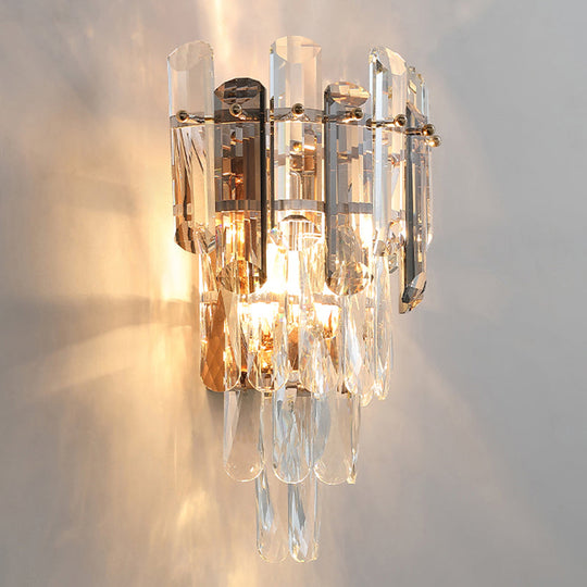 Modern 4-Tiered Crystal Wall Sconce With Beveled And 2-Bulb Light Fixture For Restaurants