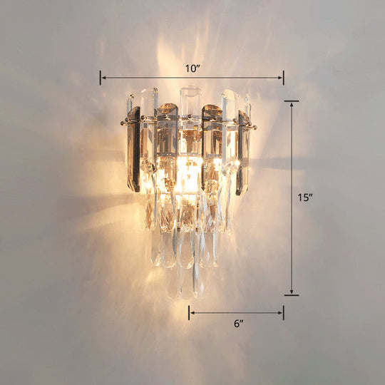 Modern 4-Tiered Crystal Wall Sconce With Beveled And 2-Bulb Light Fixture For Restaurants Smoke Gray