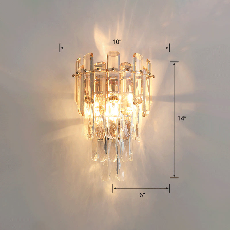 Modern 4-Tiered Crystal Wall Sconce With Beveled And 2-Bulb Light Fixture For Restaurants Champagne