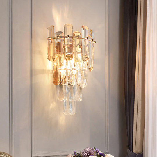 Modern 4-Tiered Crystal Wall Sconce With Beveled And 2-Bulb Light Fixture For Restaurants