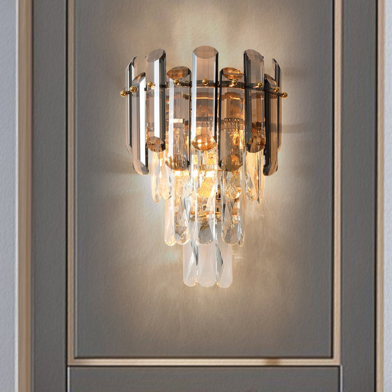 Contemporary Wall Sconce Lamp With Crystal Tiered Shade - 2-Light Bedroom Mounted Light Smoke Gray