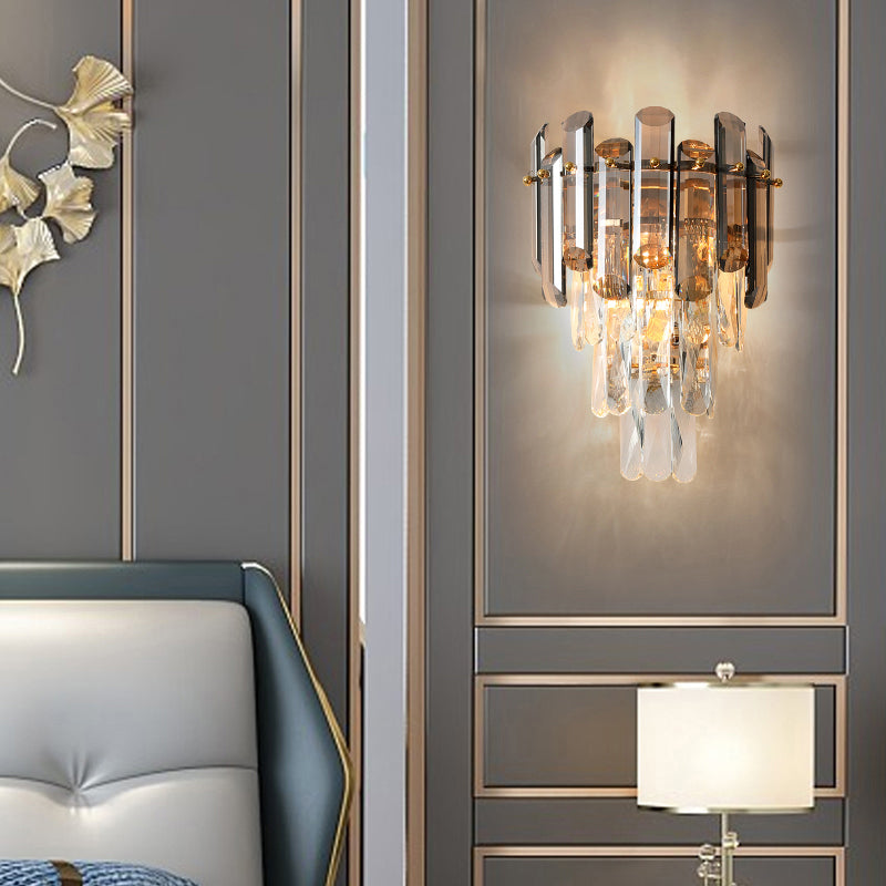 Contemporary Wall Sconce Lamp With Crystal Tiered Shade - 2-Light Bedroom Mounted Light