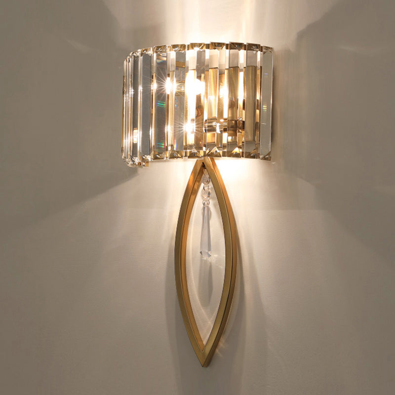 Modern 2-Bulb Gold Flush Mount Sconce With Prismatic Crystal For Aisle Lighting