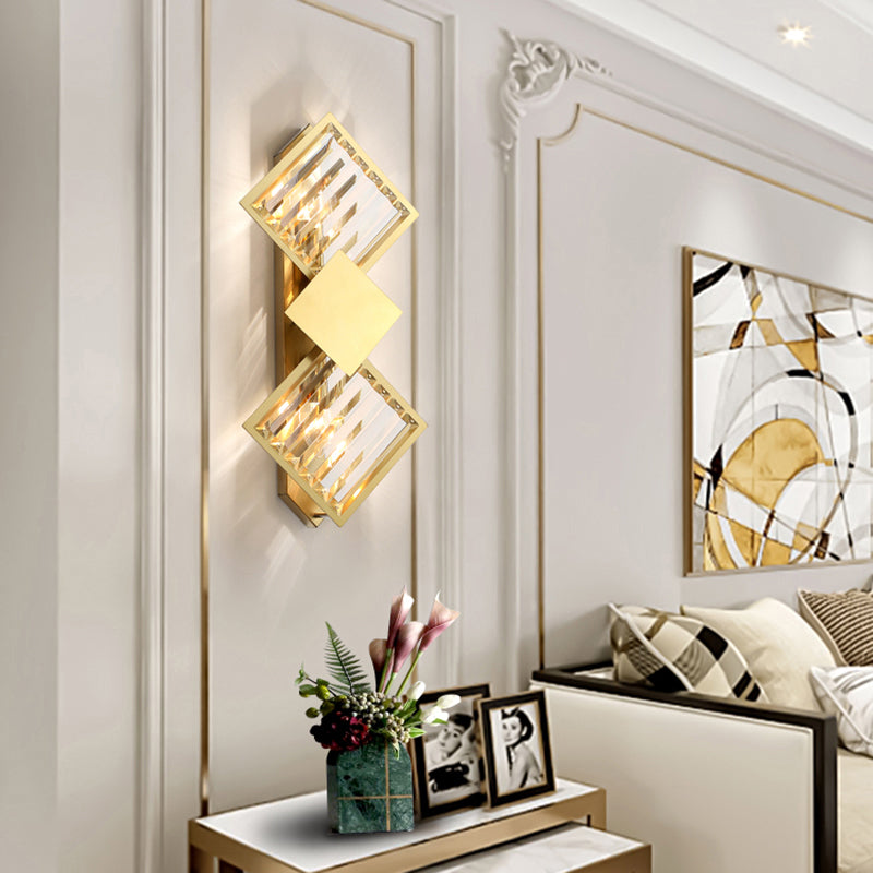 Minimalistic Brass Wall Light With Rhombus Design 2 Bulbs And K9 Crystal Sconce Lamp For Living Room