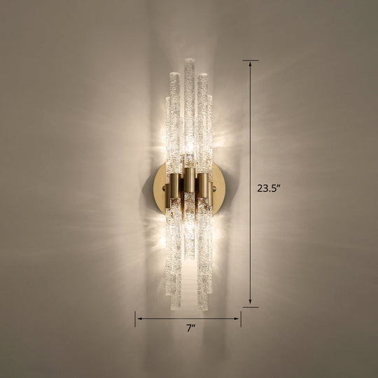Clear Rippled Crystal 2-Head Tubular Sconce Wall Light In Brass - Simple Style For Bedroom Lighting